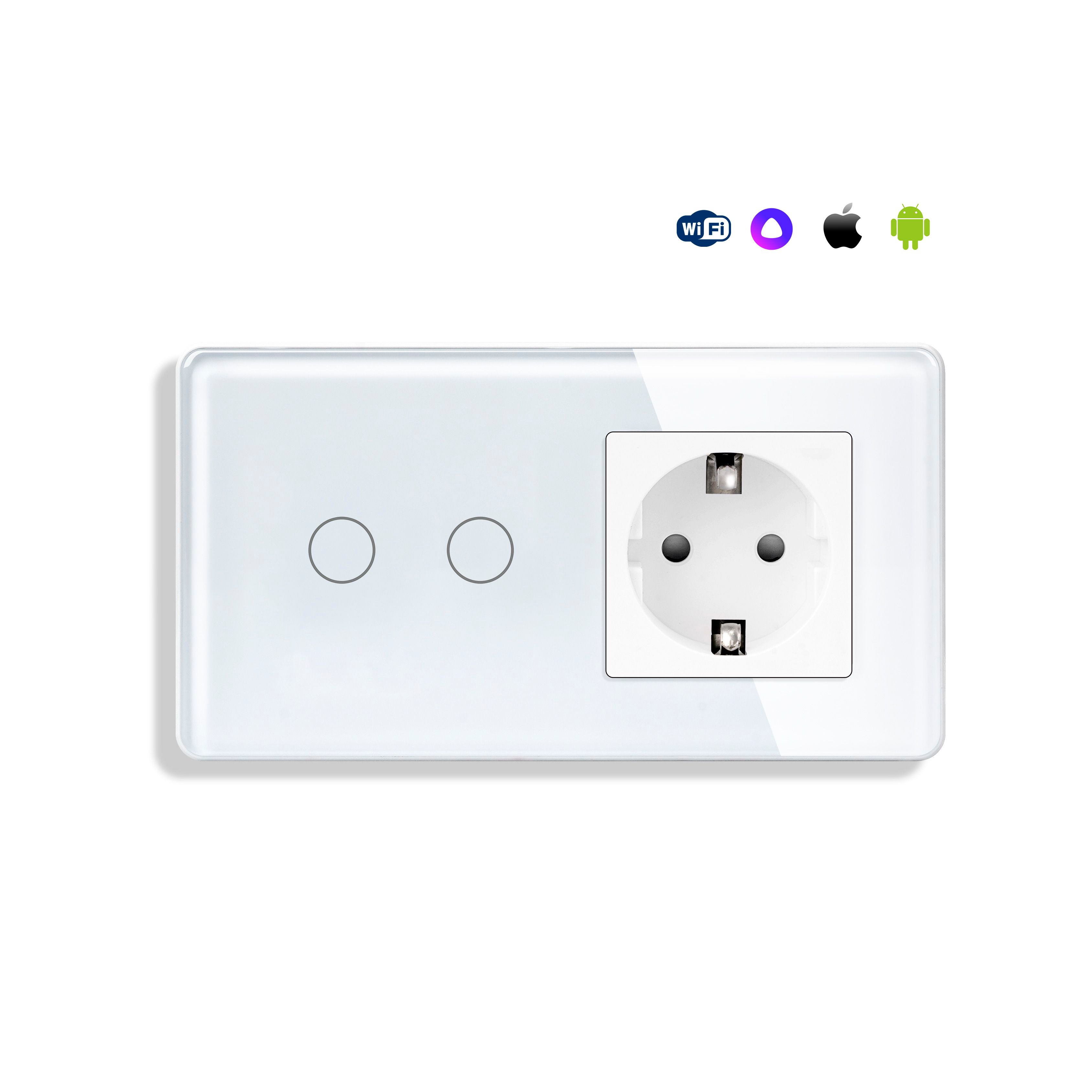 Купить Сенсорный выключатель WiFi 2 клавиши 1 розетка 2 поста (2G+1EU) стекло 2.5D 157х86мм цвет белый в интернет-магазине Mvava.ru