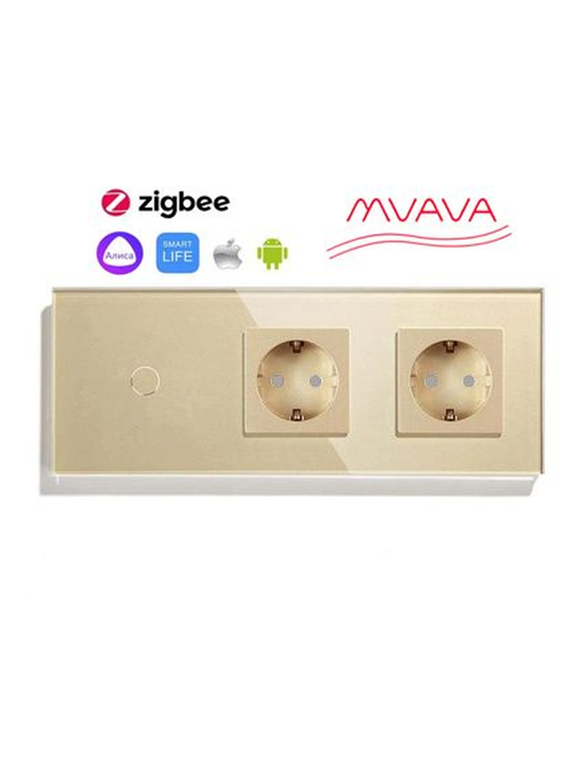 Купить Сенсорный выключатель ZigBee MVAVA 1кл. 2 розетки, 3 поста (1G+2EU) стекло 228х86мм цвет золотой в интернет-магазине Mvava.ru