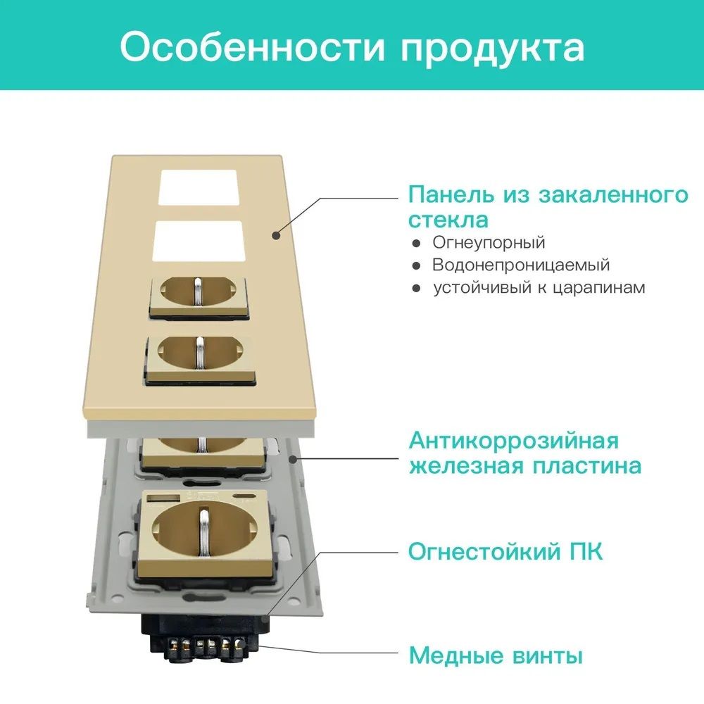 Купить Розетка электрическая 4 поста АC, зарядка 10W, стекло 299х86 мм, цвет золотой в интернет-магазине Mvava.ru