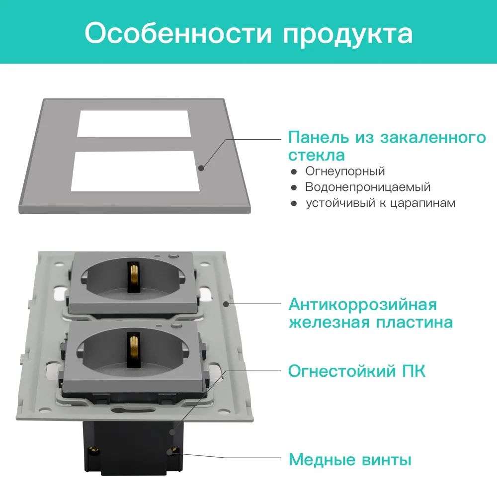 Купить Розетка Wi-fi 2 поста, 16А рамка стекло 86х86мм цвет серый в интернет-магазине Mvava.ru