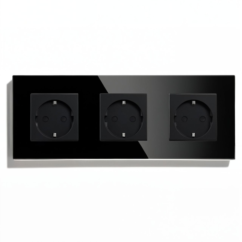 Купить Розетка электрическая 3 поста MVAVA, рамка стекло 228х86мм, цвет черный в интернет-магазине Mvava.ru