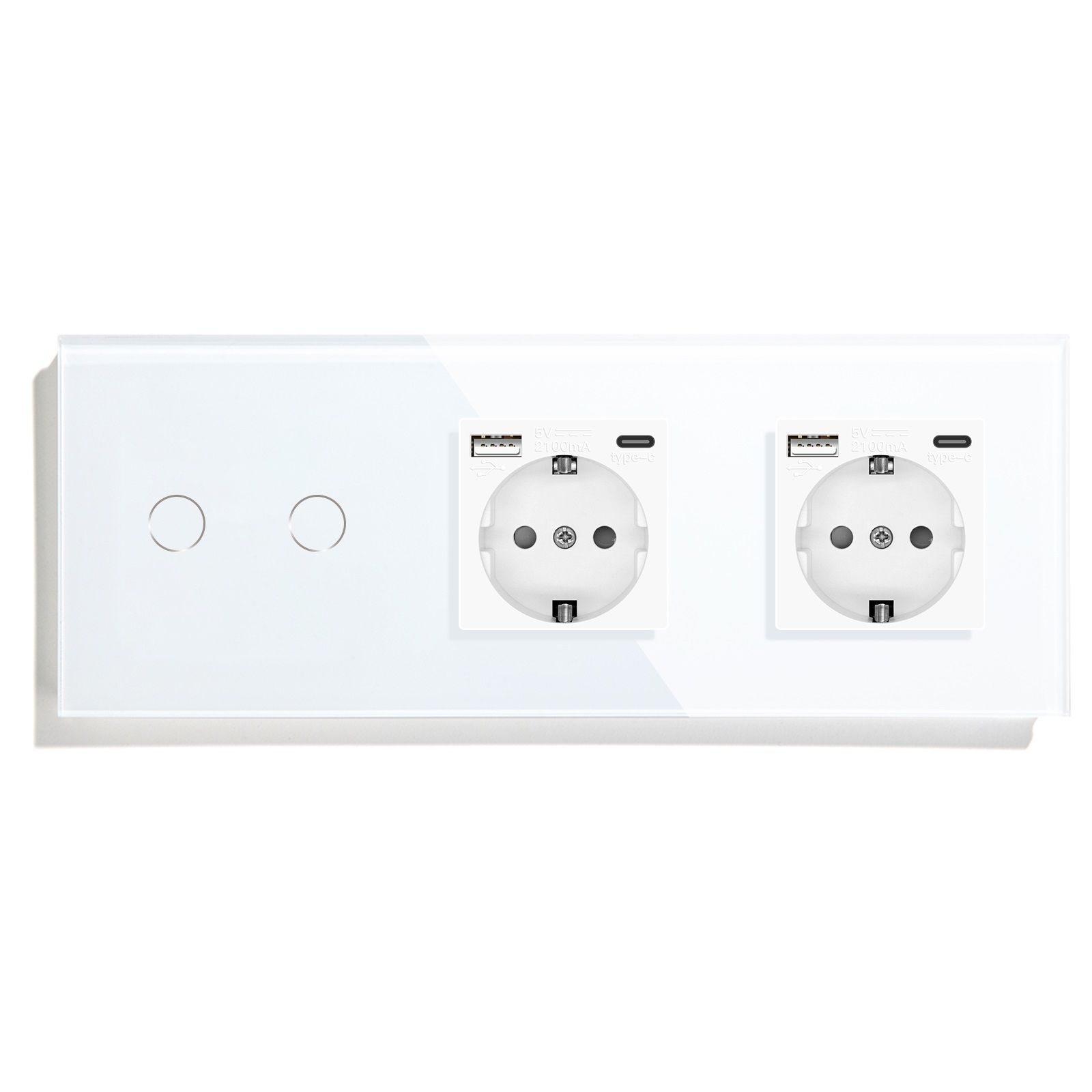Купить Сенсорный выключатель с розеткой 2кл. 2 розетки, 3 поста (2G+2AC) стекло 228х86мм цвет белый в интернет-магазине Mvava.ru