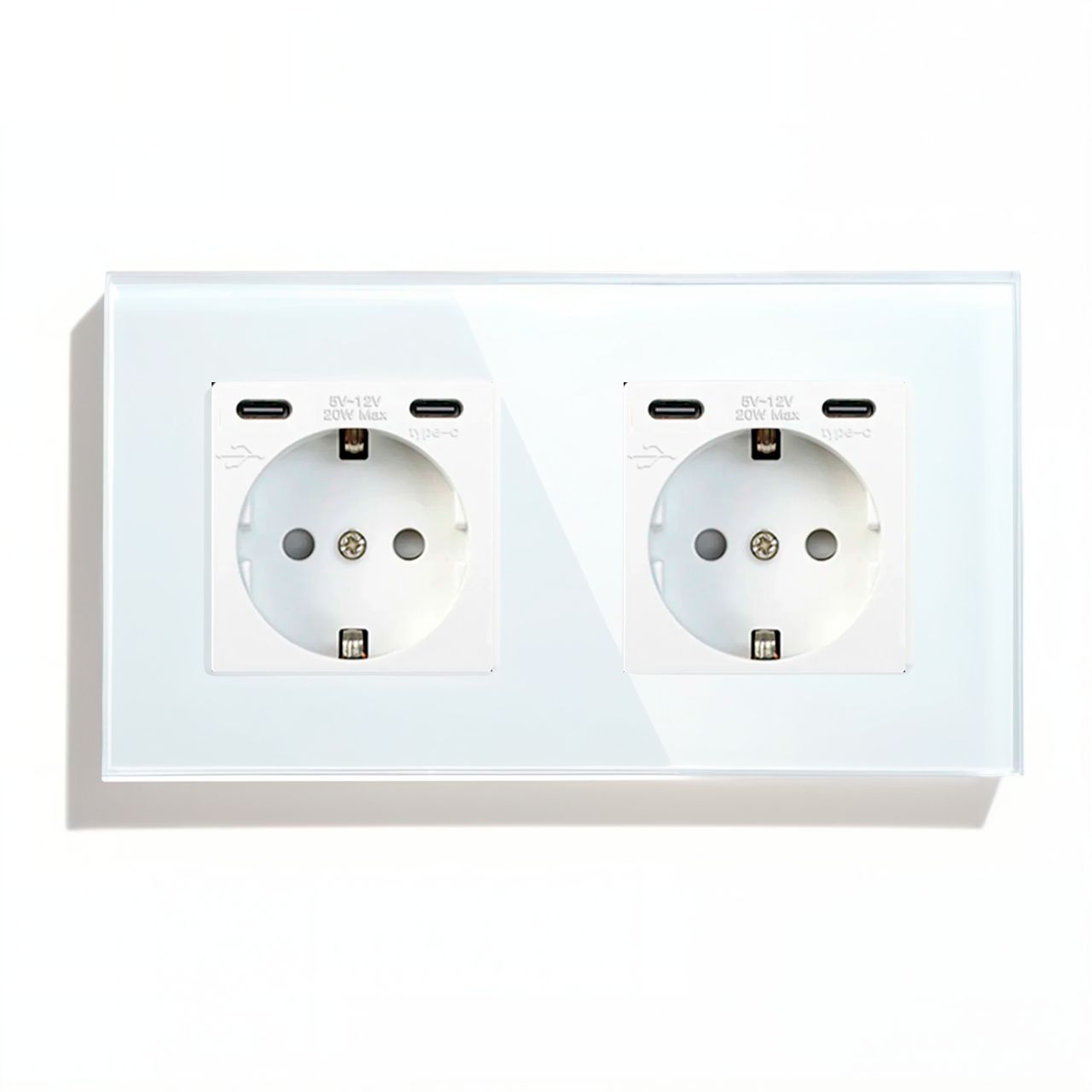 Купить Розетка электрическая 2 поста CC, быстрая зарядка 20W, стекло 157х86 мм, цвет белый в интернет-магазине Mvava.ru