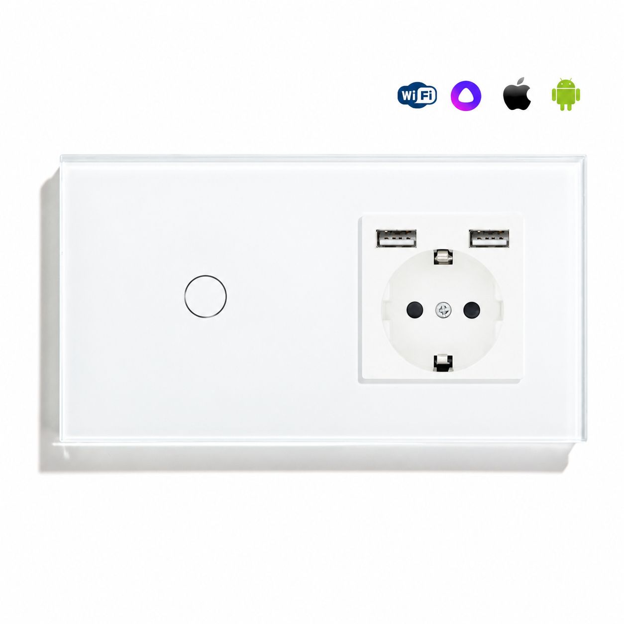 Купить Сенсорный выключатель WiFi с нулем 1кл. 1розетка 2поста (1G+1AA) стекло 157х86мм цвет белый в интернет-магазине Mvava.ru