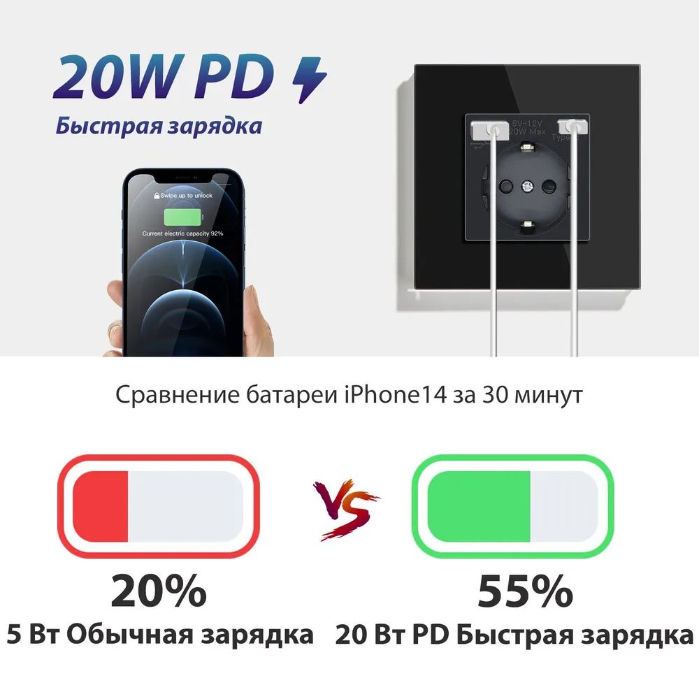 Купить Розетка электрическая 1 пост АC, быстрая зарядка 20W, стекло 86х86 мм, цвет черный в интернет-магазине Mvava.ru