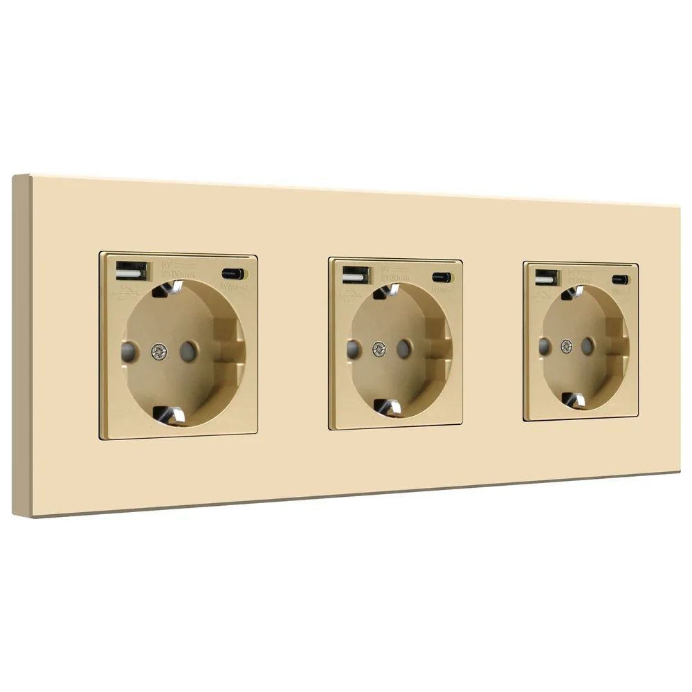 Купить Розетка электрическая 3 поста, с Usb/Type-C АC, рамка 228х86мм пластик, цвет золотой в интернет-магазине Mvava.ru