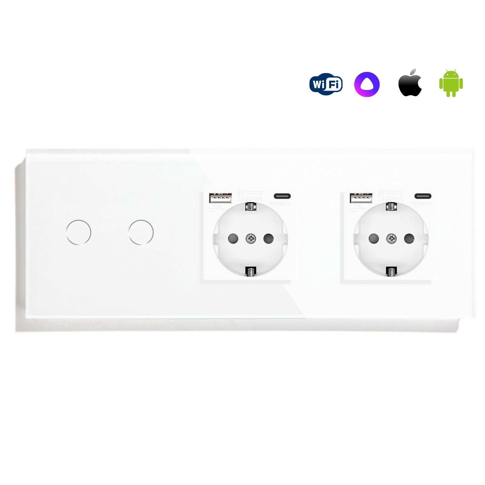 Купить Сенсорный выключатель WiFi с нулем 2кл. 2розетки 3поста (2G+2AC) стекло 228х86мм цвет белый в интернет-магазине Mvava.ru