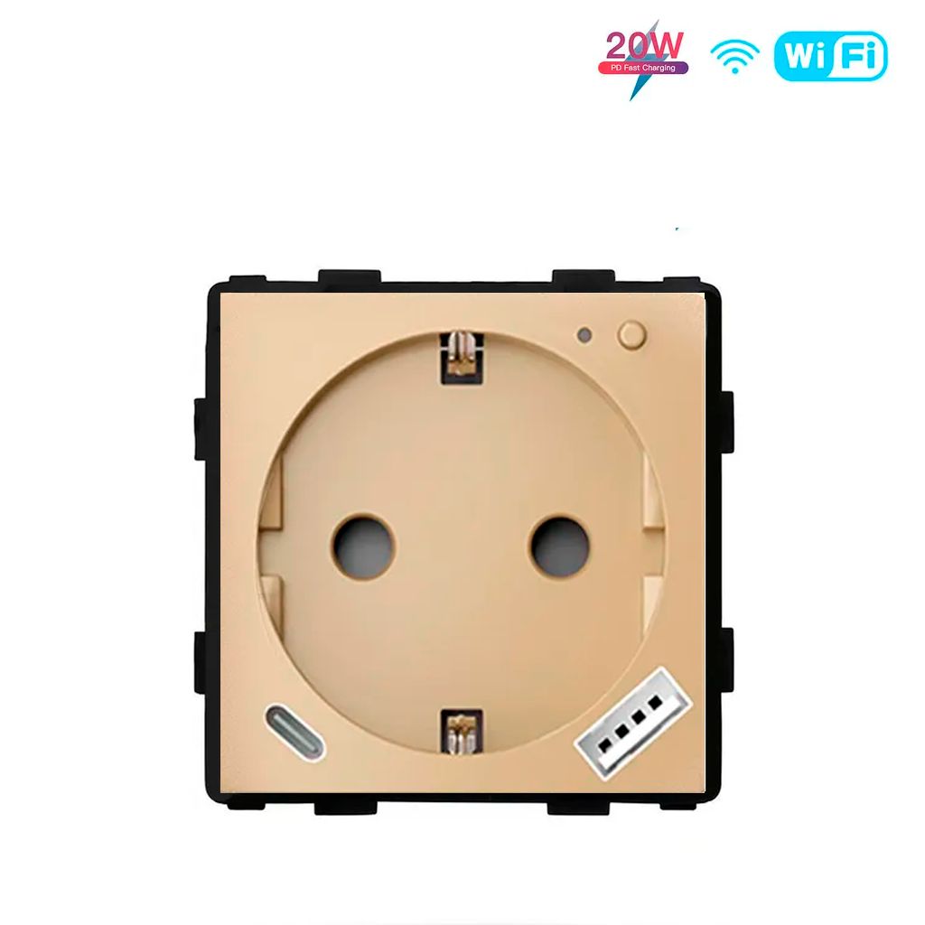 Купить Механизм розетки Wi-Fi с мониторингом, Usb/Type-C АC быстрая зарядка 20Вт, (без рамки) цвет золотой в интернет-магазине Mvava.ru