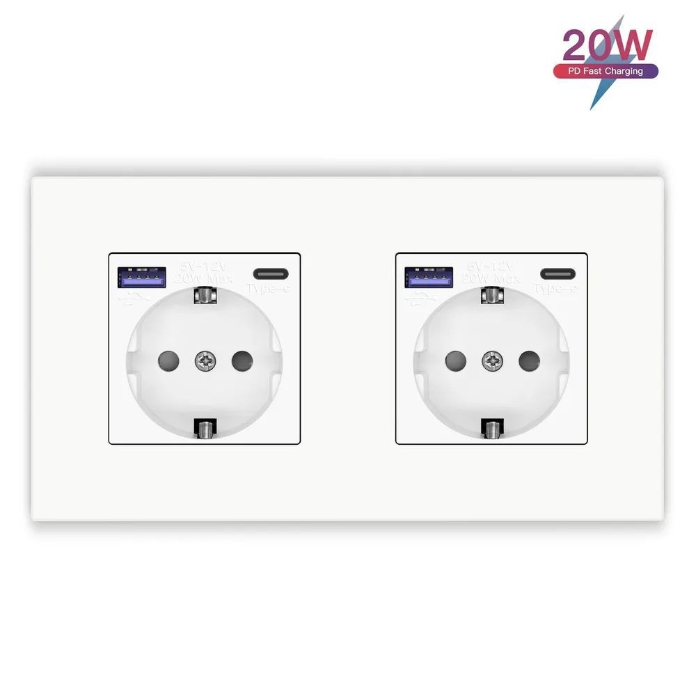 Купить Розетка электрическая 2 поста с Usb/Type-C АC, быстрая зарядка 20W, рамка пластик, цвет белый в интернет-магазине Mvava.ru