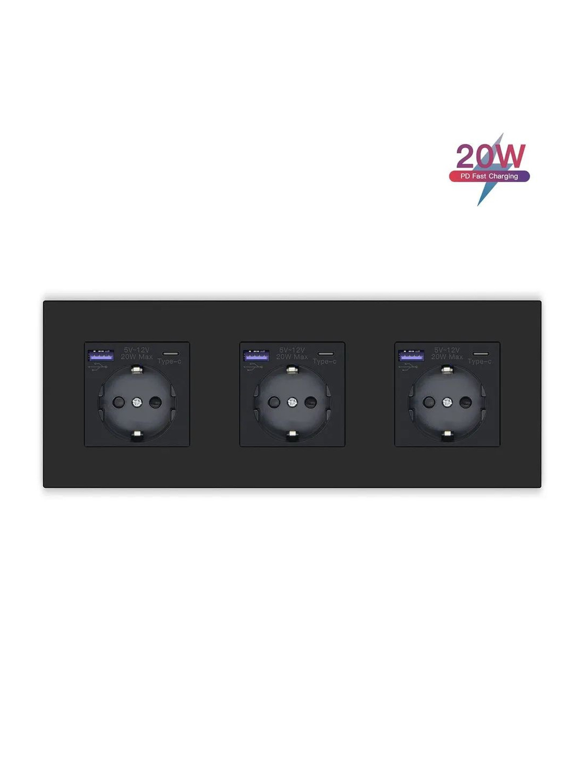 Купить Розетка электрическая 3 поста с Usb/Type-C АC, быстрая зарядка 20W, рамка пластик цвет черный в интернет-магазине Mvava.ru