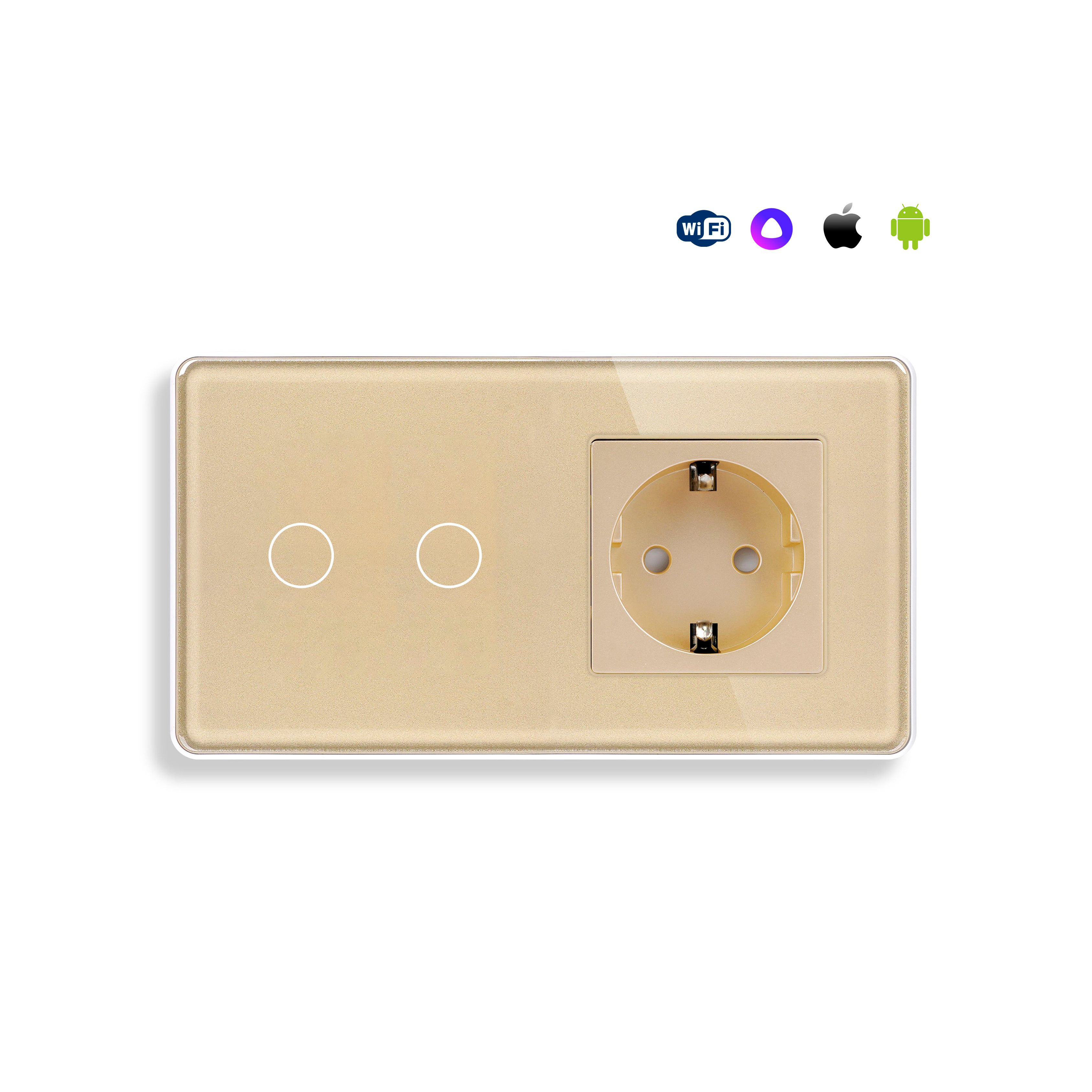 Купить Сенсорный выключатель WiFi с нулем 2кл. 1розетка 2поста (2G+1EU) стекло 2.5D 157х86мм цвет золотой в интернет-магазине Mvava.ru