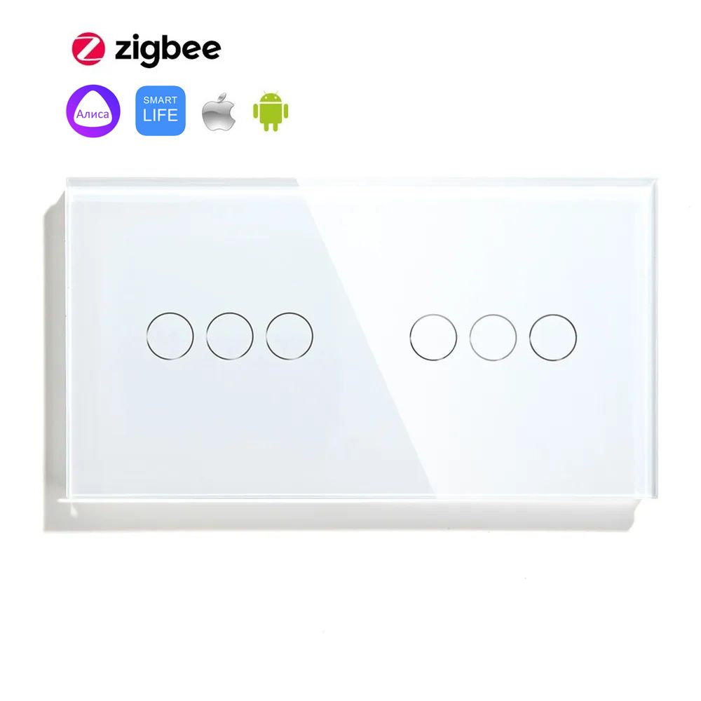Купить Сенсорный выключатель ZigBee MVAVA 6 кл. 2 поста (3G+3G) стекло 157х86мм цвет белый в интернет-магазине Mvava.ru