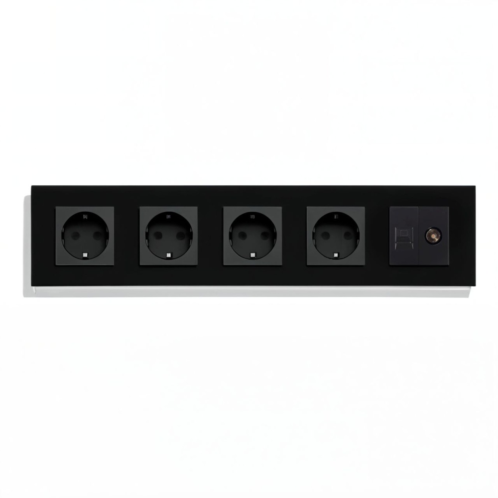 Купить Розетка 5 постов с интернет/тв, cat5/tv, рамка 370х86мм стекло, цвет черный в интернет-магазине Mvava.ru