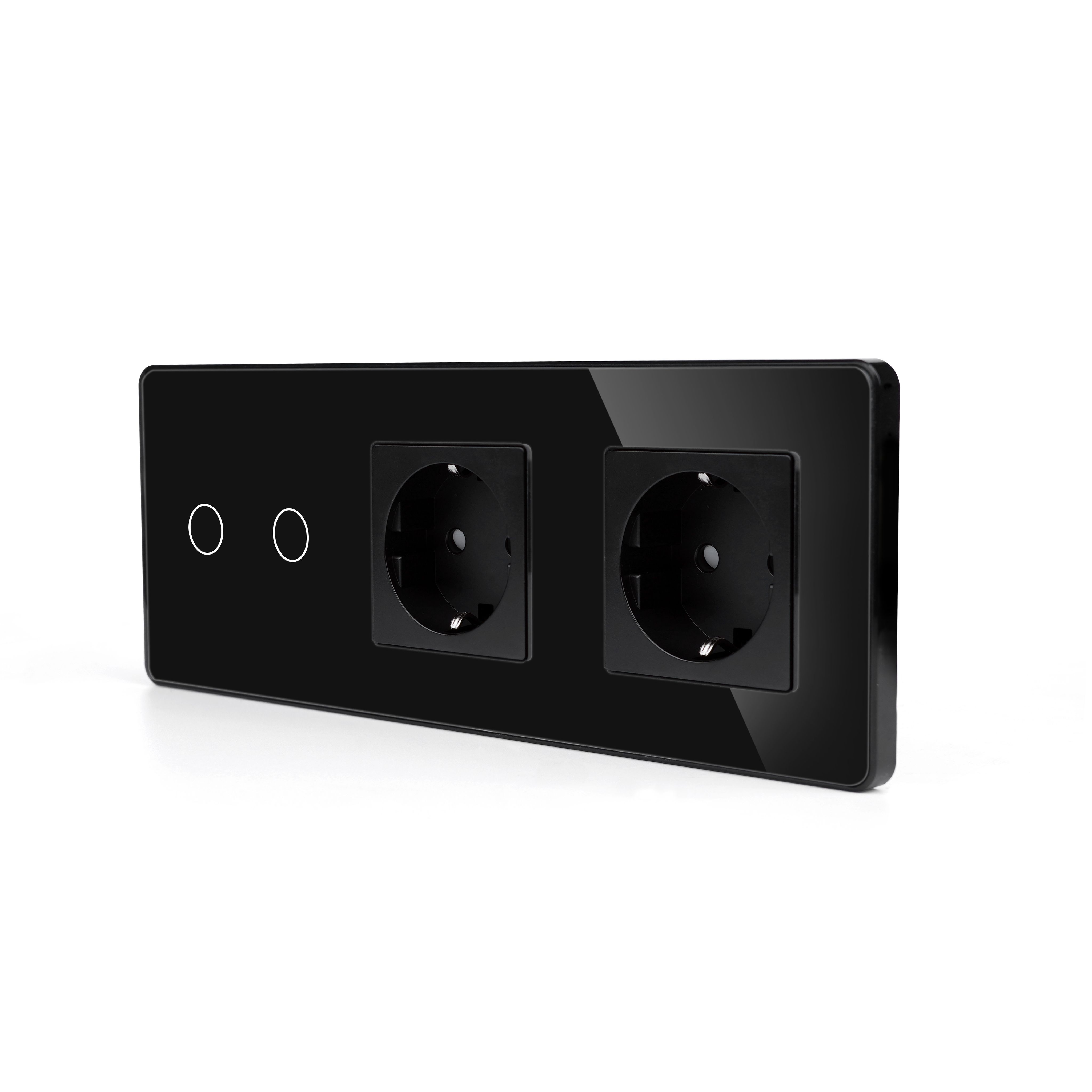 Купить Сенсорный выключатель с розеткой 2кл. 2 розетки, 3 поста (2G+2EU) стекло 2.5D 228х86мм цвет черный в интернет-магазине Mvava.ru