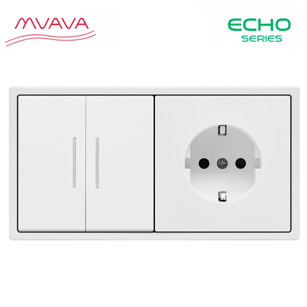 Купить Выключатель echo led, 2 клавиши 1 розетка, 2 поста (М2+1F) рамка пластик 152х81мм цвет белый в интернет-магазине Mvava.ru