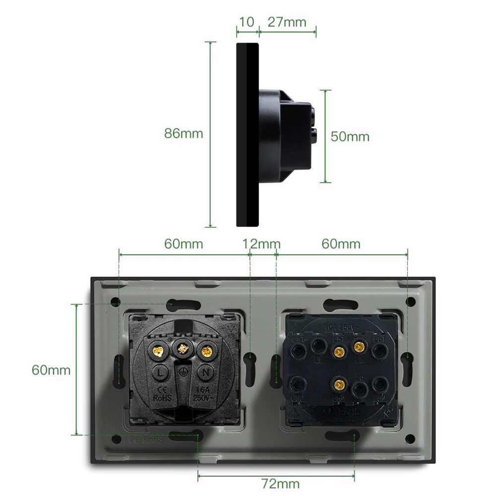 Купить Выключатель с розеткой, 2 клавиши 1 розетка с usb type-c, 2 поста (М1+1FAC) рамка стекло 157х86мм цв в интернет-магазине Mvava.ru