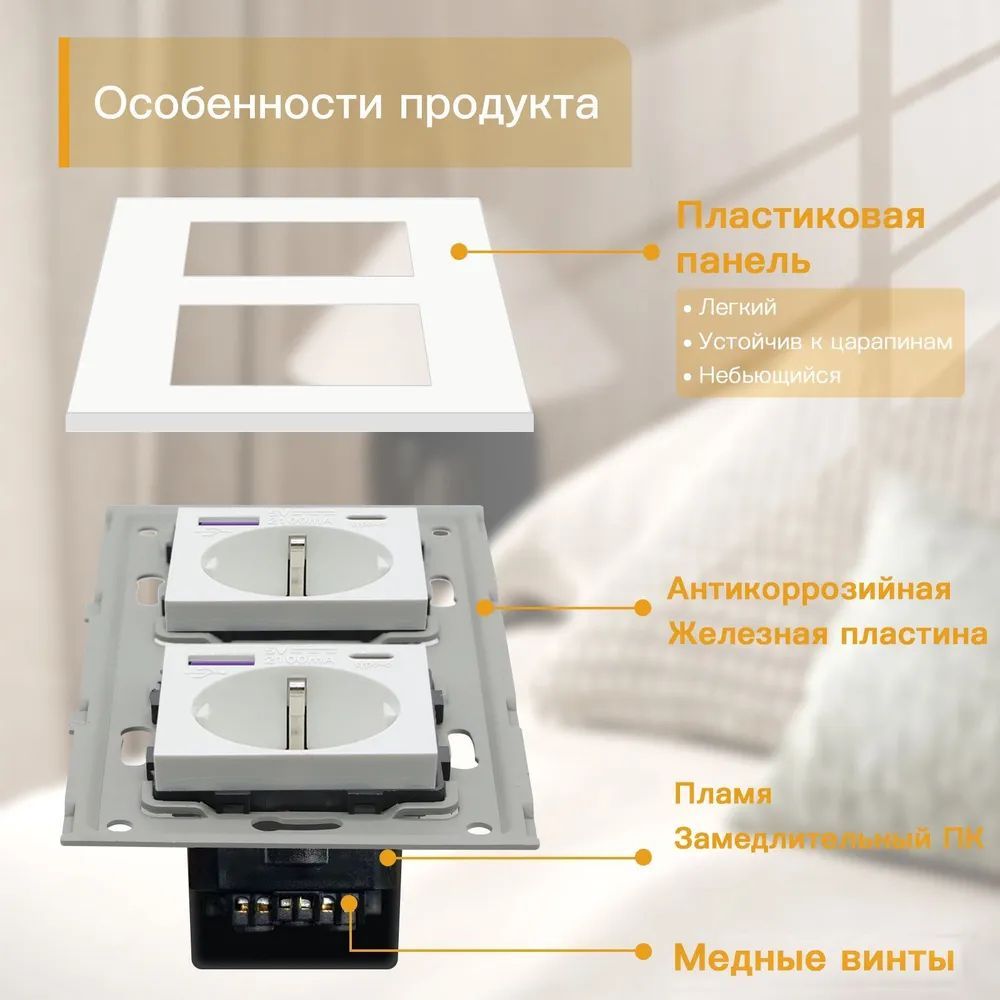 Купить Розетка электрическая 2 поста с Usb/Type-C АC, быстрая зарядка 20W, рамка пластик, цвет белый в интернет-магазине Mvava.ru