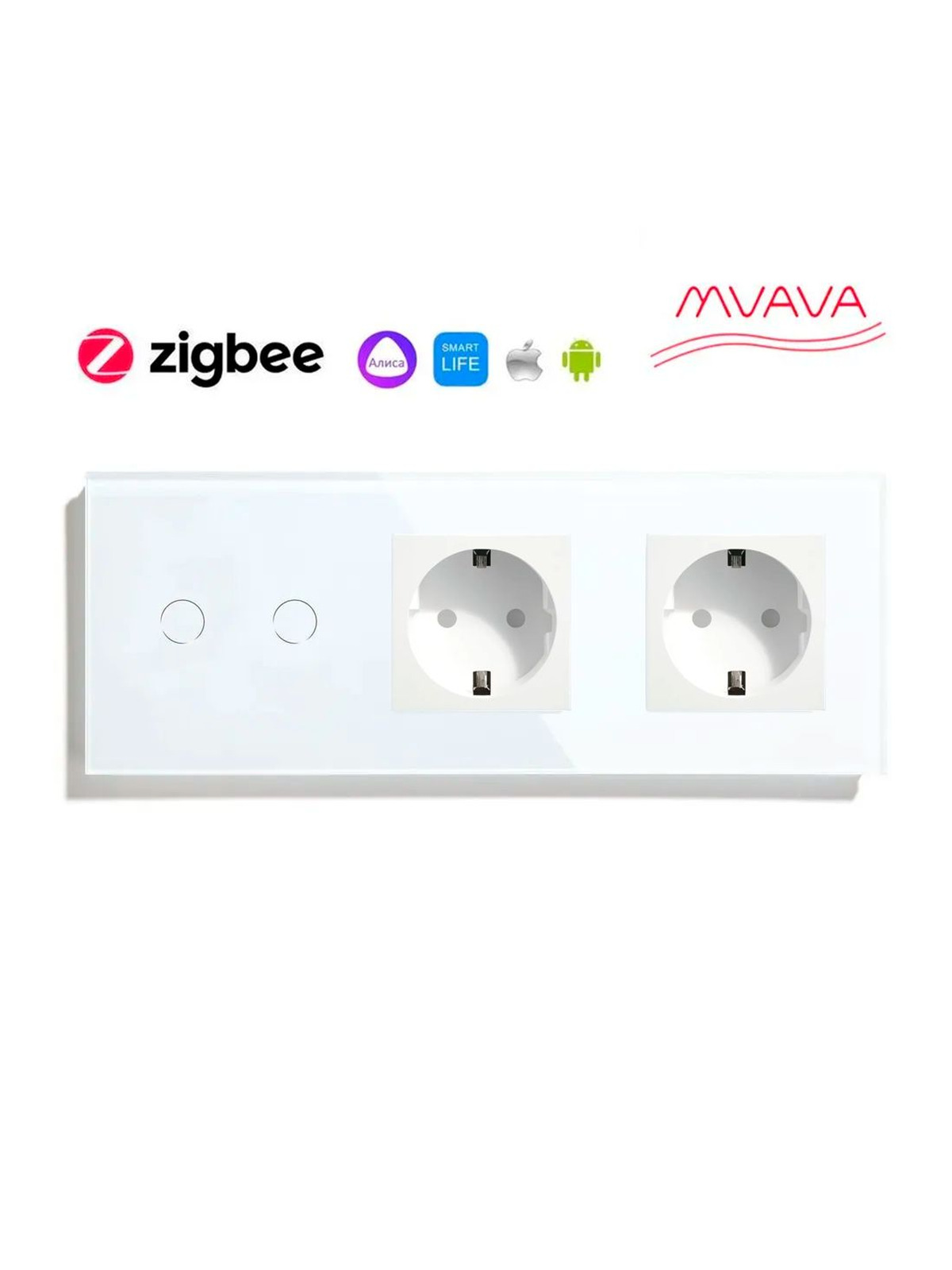Купить Сенсорный выключатель ZigBee MVAVA 2кл. 2 розетки, 3 поста (2G+2EU) стекло 228х86мм цвет белый в интернет-магазине Mvava.ru