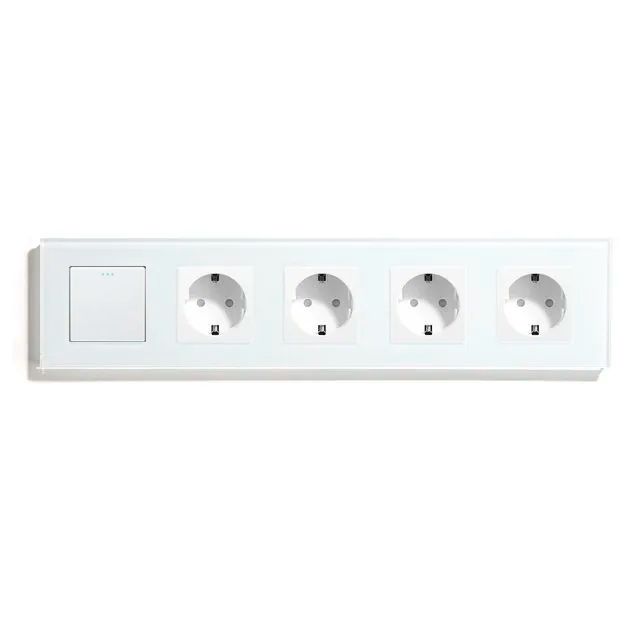 Купить Выключатель с розеткой, 1 клавиша 4 розетки, 5 постов (M1+4F) рамка стекло 370х86мм цвет белый в интернет-магазине Mvava.ru