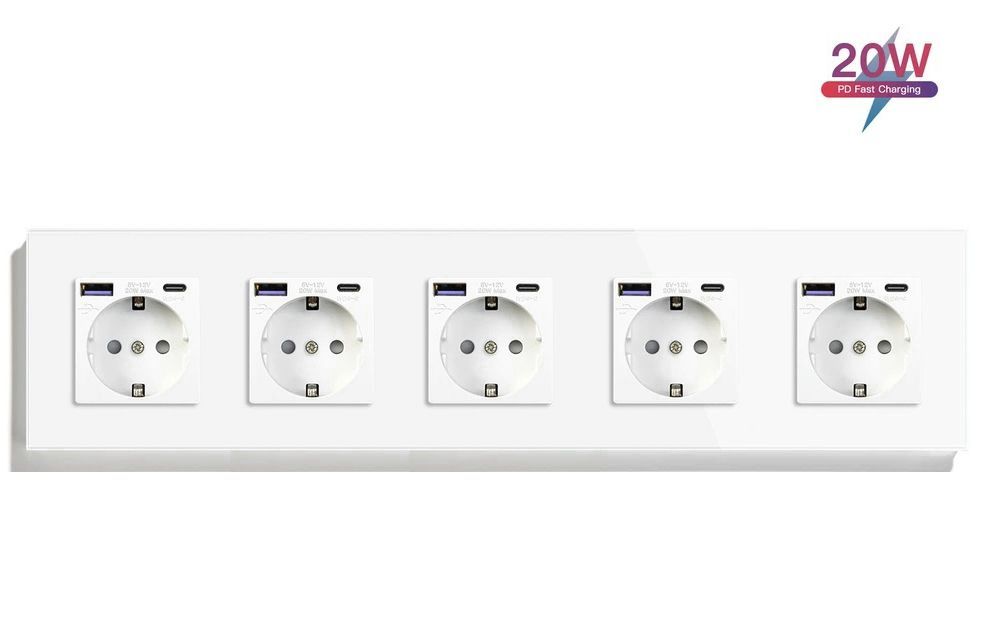 Купить Розетка электрическая 5 постов АC, быстрая зарядка 20W, стекло 370х86 мм, цвет белый в интернет-магазине Mvava.ru