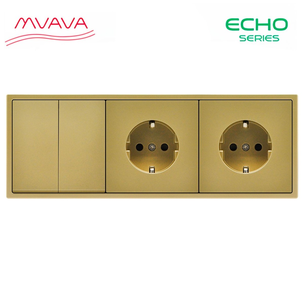Купить Выключатель echo с розеткой, 2 клавиши 2 розетки, 3 поста (M2+2F) рамка пластик 223х81мм цвет золото в интернет-магазине Mvava.ru