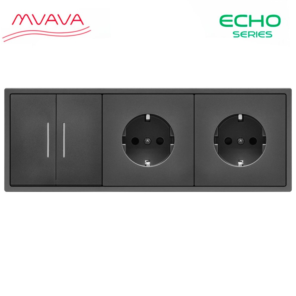 Купить Выключатель echo с розеткой, 2 клавиши 2 розетки, 3 поста (M2+2F) рамка пластик 223х81мм цвет серый в интернет-магазине Mvava.ru