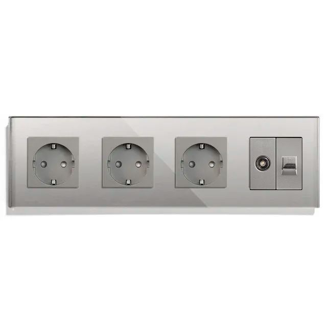 Купить Розетка 4 поста с интернет/тв, CAT5e/TV, рамка 299х86мм стекло, цвет серый в интернет-магазине Mvava.ru