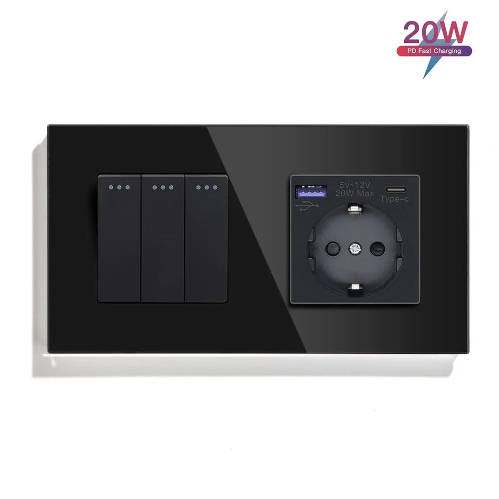 Купить Механический выключатель MVAVA, 2 поста, 3К+1Р, USB/Type-C 20 Вт, 157×86 мм, стекло, чёрный в интернет-магазине Mvava.ru