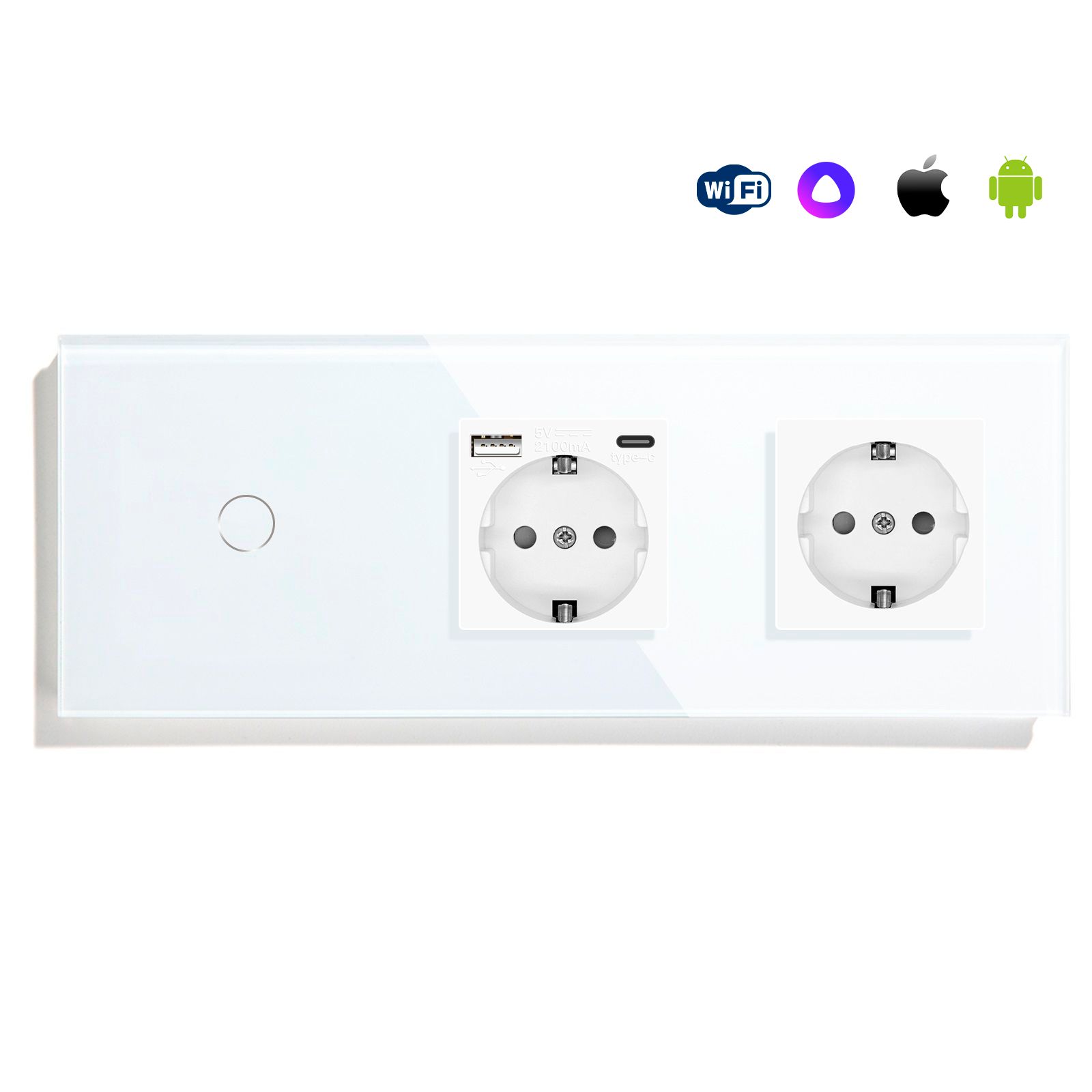 Купить Сенсорный выключатель WiFi 1 клавиша 2 розетки 3 поста (1G+AC/EU) стекло 228х86мм цвет белый в интернет-магазине Mvava.ru