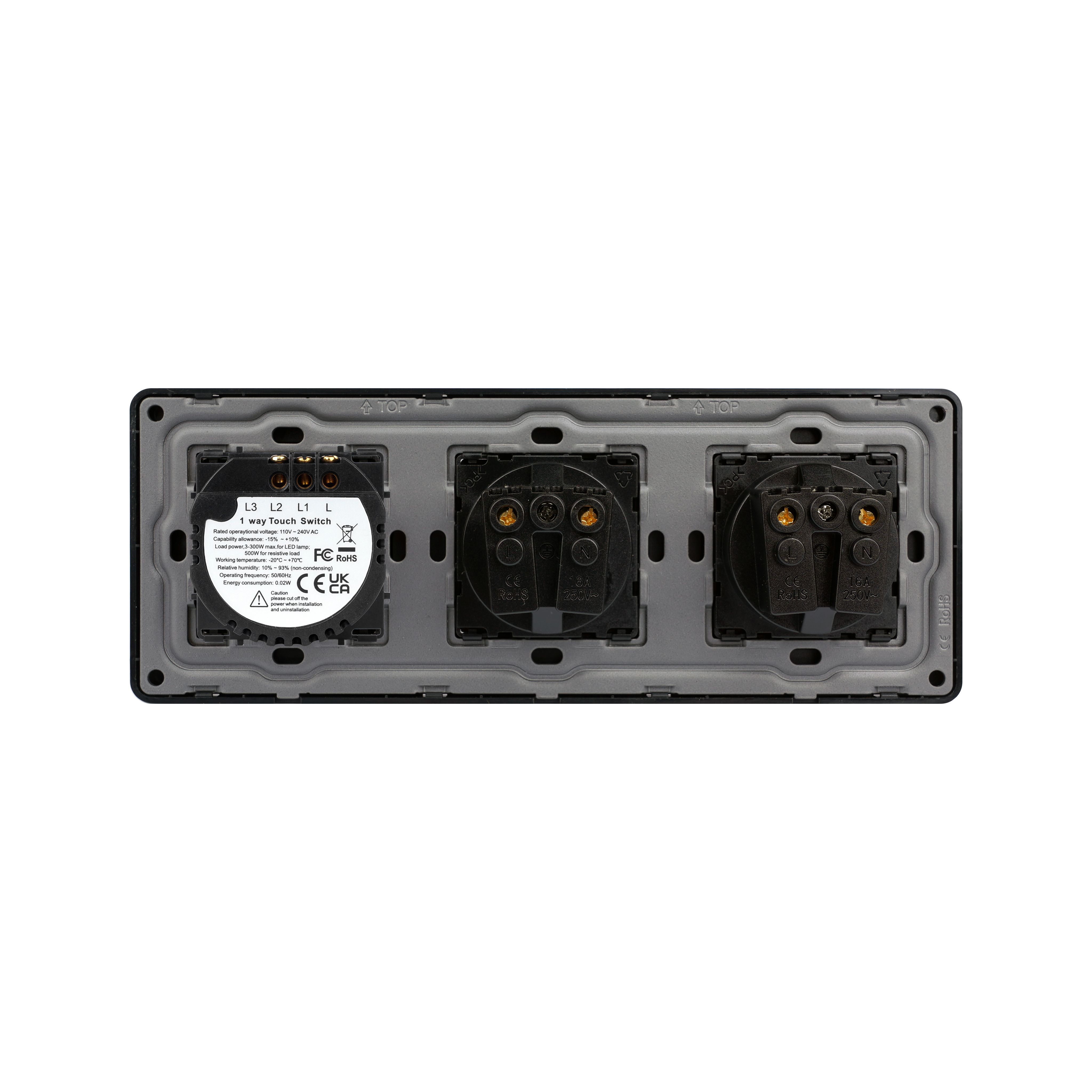 Купить Сенсорный выключатель с розеткой 2кл. 2 розетки, 3 поста (2G+2EU) стекло 2.5D 228х86мм цвет серый в интернет-магазине Mvava.ru