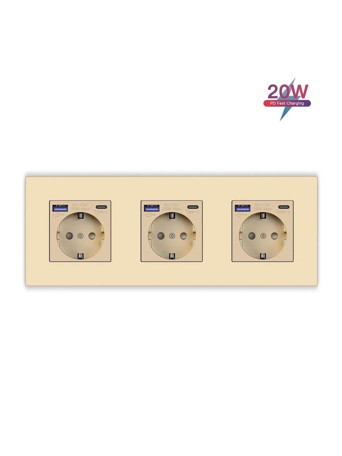 Купить Розетка электрическая 3 поста с Usb/Type-C АC, быстрая зарядка 20W, рамка пластик цвет золотой в интернет-магазине Mvava.ru
