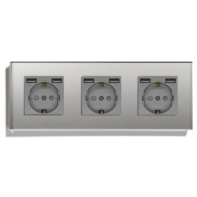 Купить Розетка электрическая 3 поста, с Usb АА, рамка 228х86мм стекло, цвет серый в интернет-магазине Mvava.ru