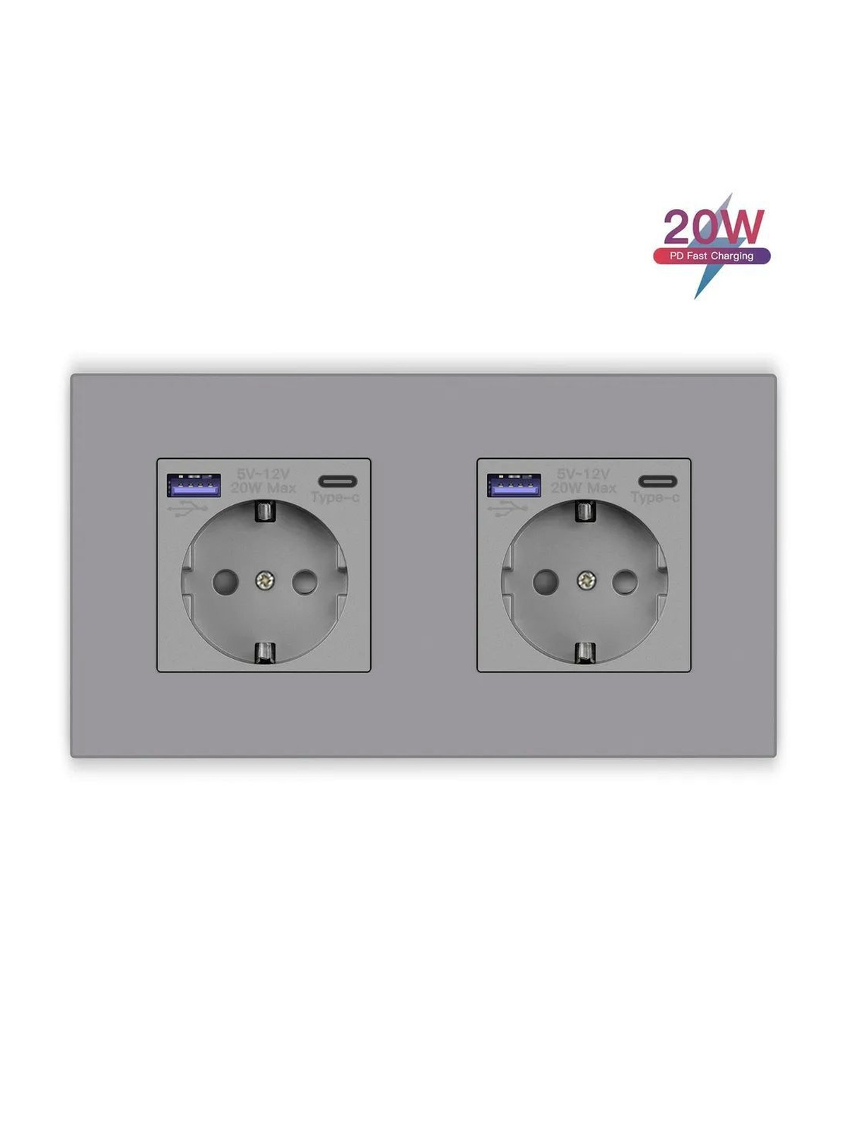 Купить Розетка электрическая 2 поста с Usb/Type-C АC, быстрая зарядка 20W, рамка пластик, цвет серый в интернет-магазине Mvava.ru