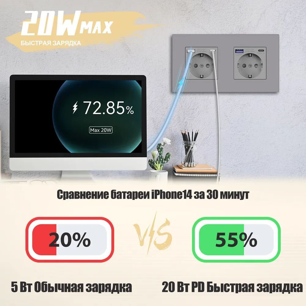 Купить Розетка электрическая 2 поста с Usb/Type-C АC, быстрая зарядка 20W, рамка пластик, цвет серый в интернет-магазине Mvava.ru