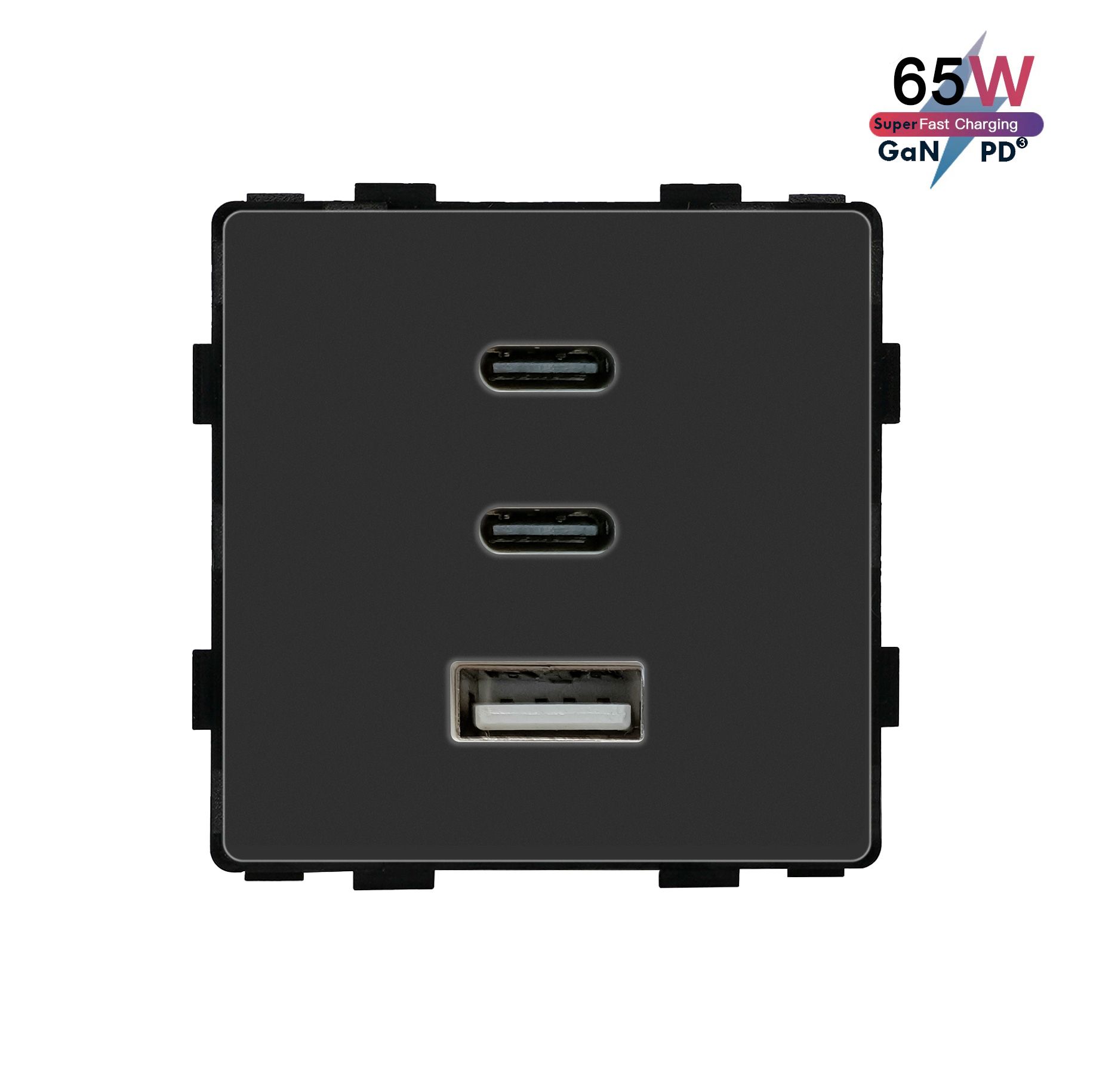 Купить Механизм розетки (без рамки) 3Usb C+C+A, быстрая зарядка 65Вт, цвет черный в интернет-магазине Mvava.ru