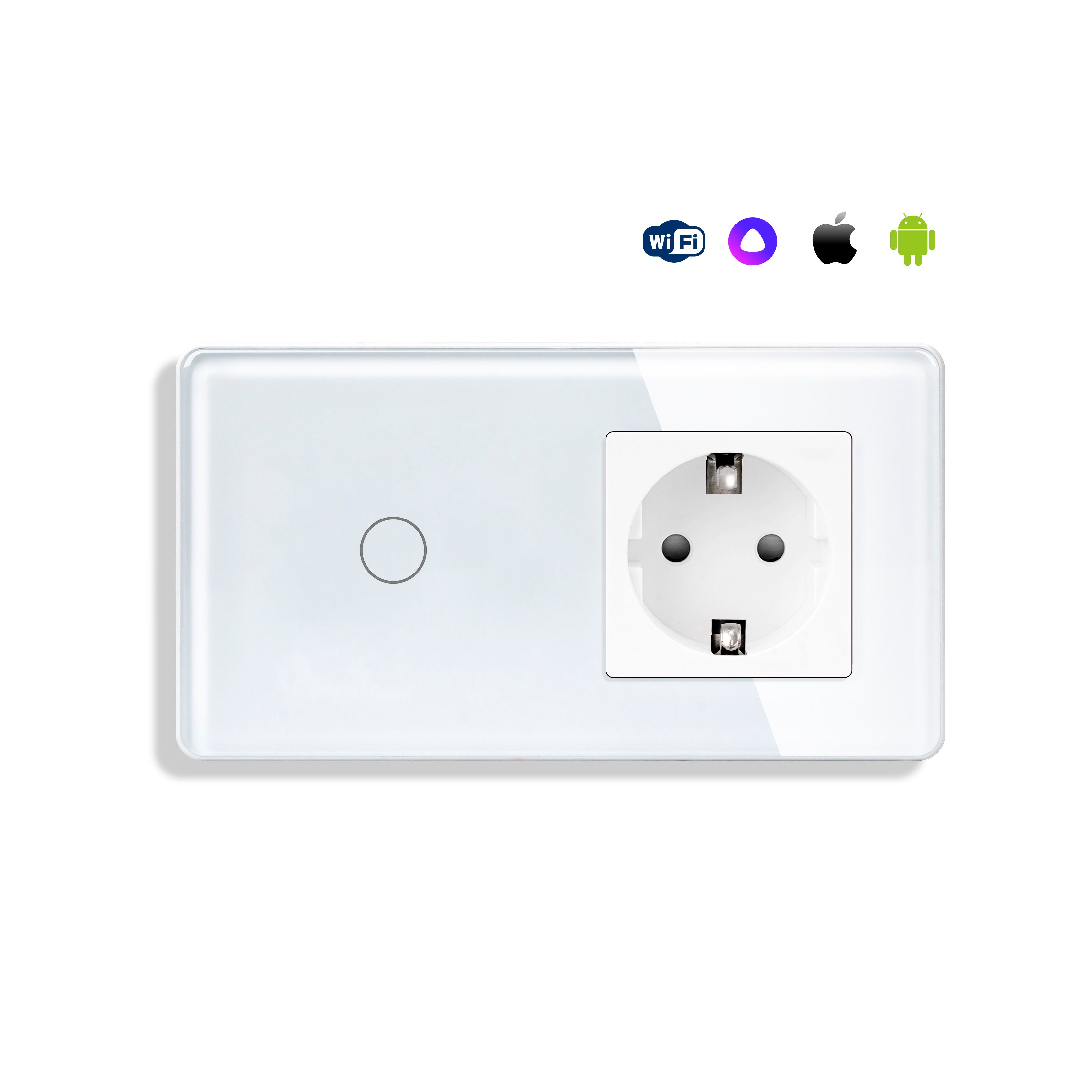 Купить Сенсорный выключатель WiFi с нулем 1кл. 1розетка 2поста (1G+1EU) стекло 2.5D 157х86мм цвет белый в интернет-магазине Mvava.ru