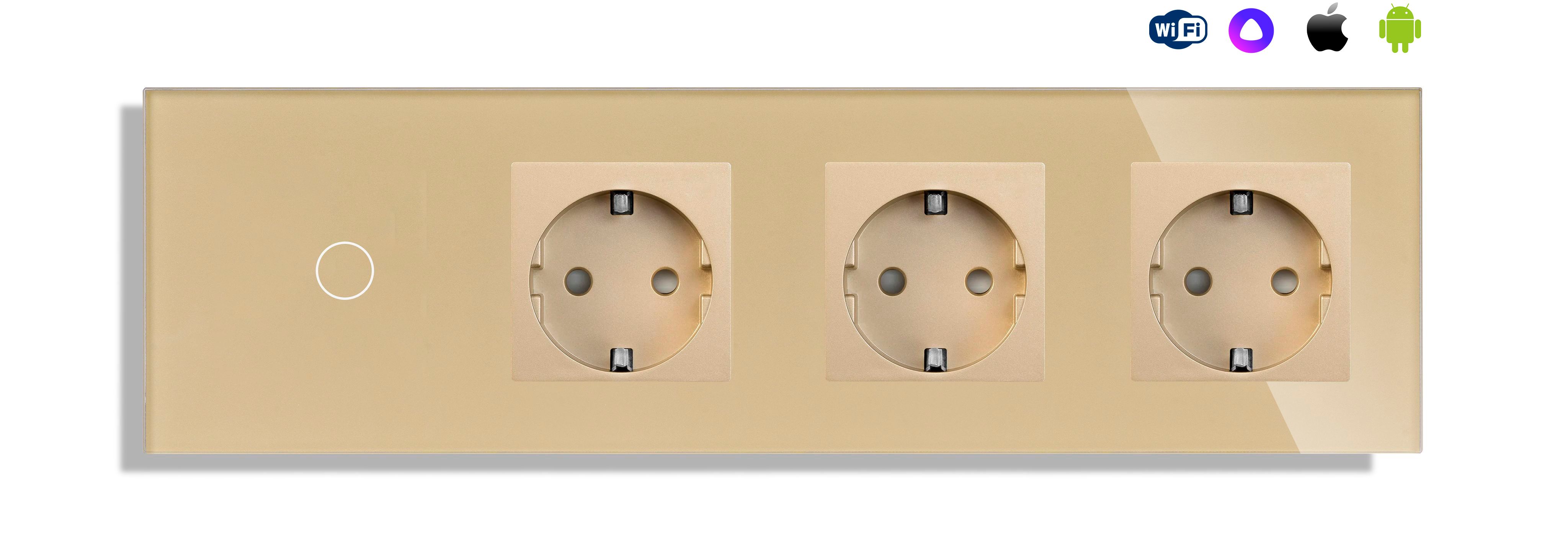 Купить Сенсорный выключатель WiFi MVAVA 1 кл.3 розетки 4 поста (1G+3EU) стекло 299х86мм цвет золотой в интернет-магазине Mvava.ru