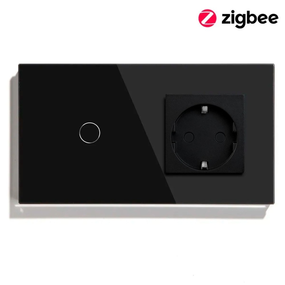 Купить Сенсорный выключатель ZigBee 1кл. 1 розетка, 2 поста (1G+1EU) стекло 157х86мм цвет черный в интернет-магазине Mvava.ru