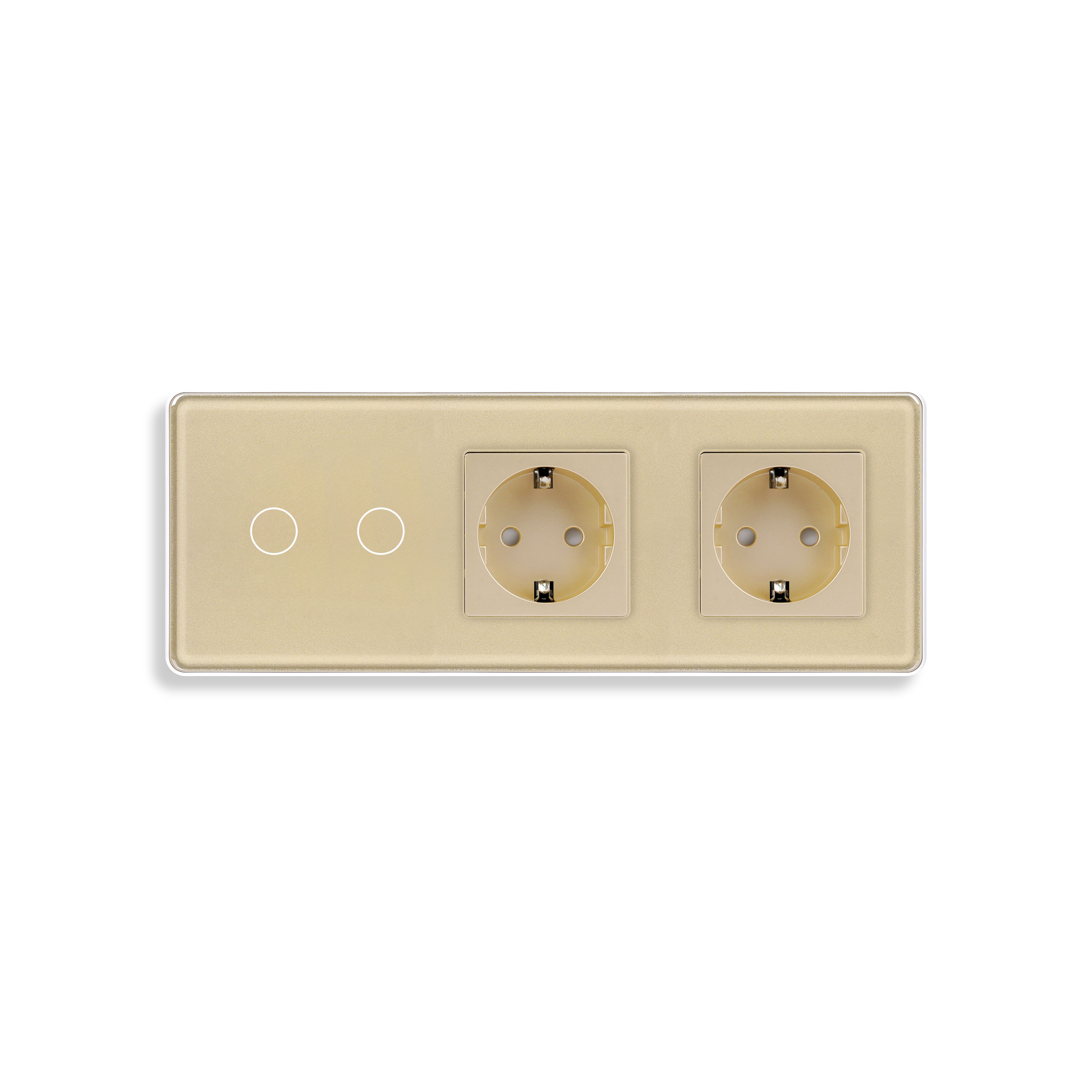 Купить Сенсорный выключатель с розеткой 2кл. 2 розетки, 3 поста (2G+2EU) стекло 2.5D 228х86мм цвет золотой в интернет-магазине Mvava.ru