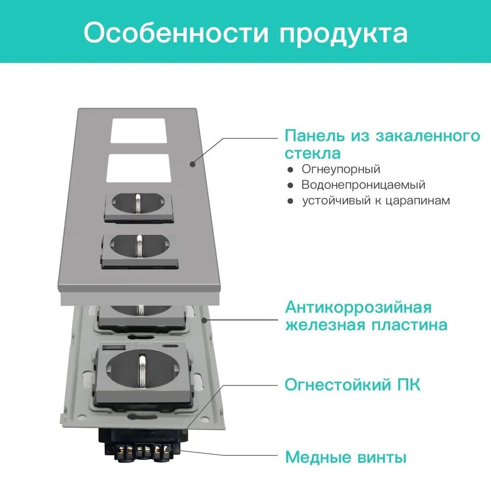 Купить Розетка электрическая 4 поста АC, зарядка 10W, стекло 299х86 мм, цвет серый в интернет-магазине Mvava.ru
