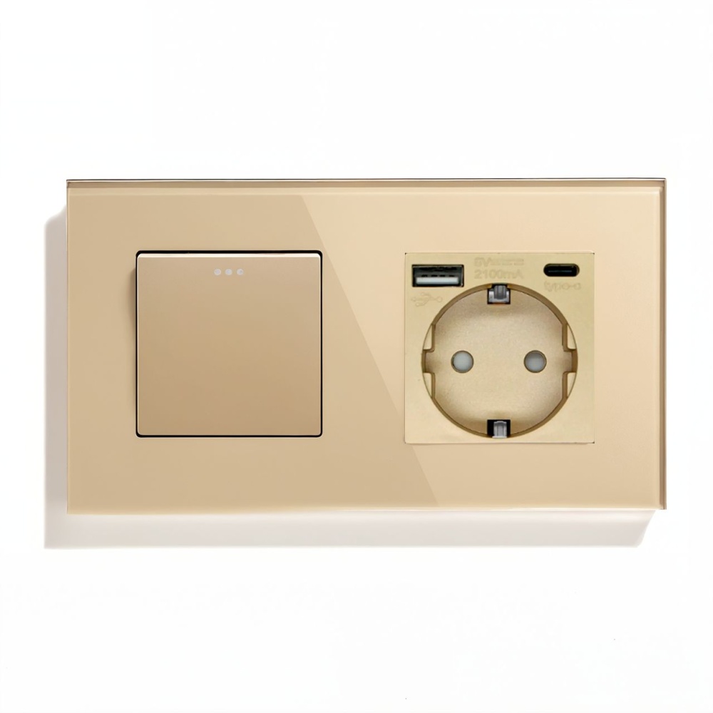 Купить Выключатель с розеткой, 1 клавиша 1 розетка с usb type-c, 2 поста (М1+1FAC) рамка стекло 157х86мм цв в интернет-магазине Mvava.ru