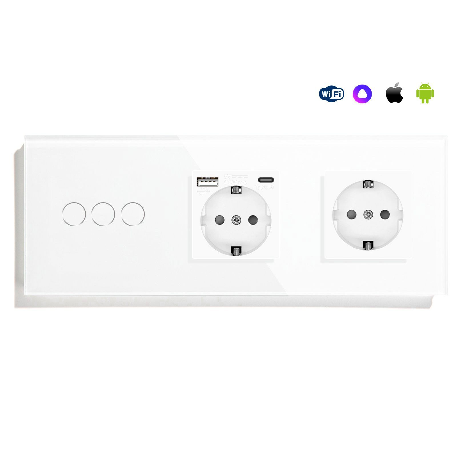Купить Сенсорный выключатель WiFi 3 клавиши 2 розетки 3 поста (3G+AC/EU) стекло 228х86мм цвет белый в интернет-магазине Mvava.ru