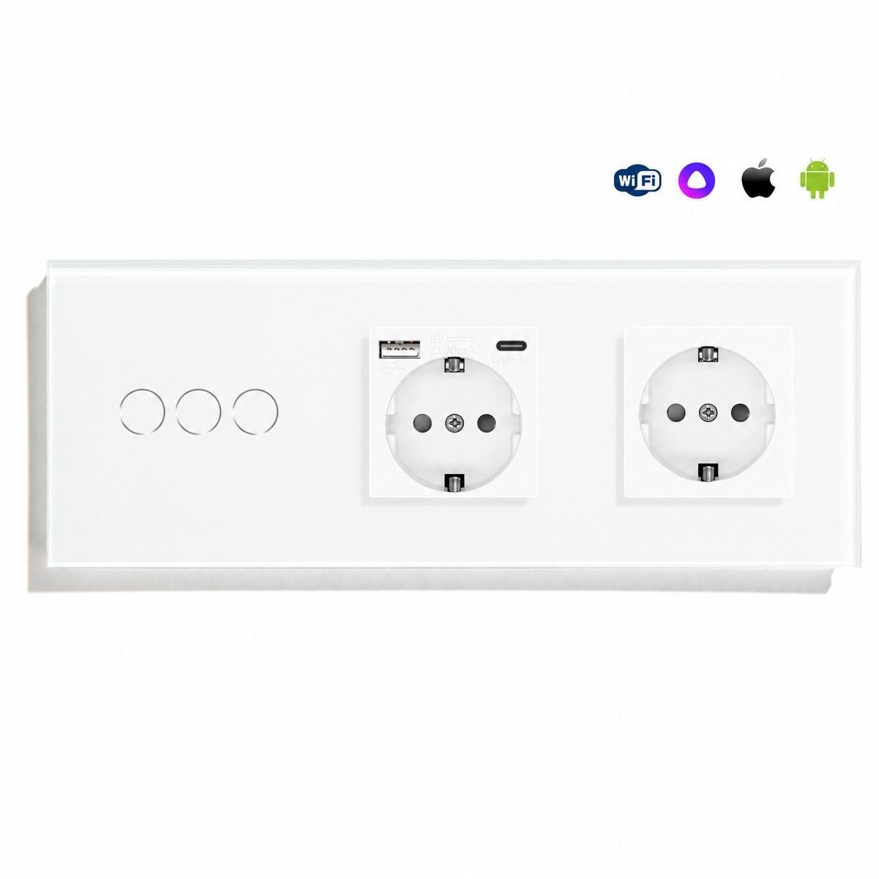 Купить Сенсорный выключатель WiFi с нулем 3кл. 2розетки 3поста (3G+AC/EU) стекло 228х86мм цвет белый в интернет-магазине Mvava.ru