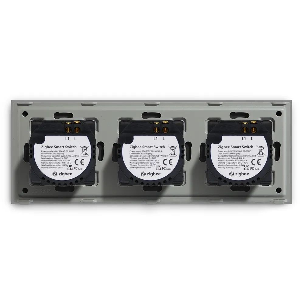 Купить Сенсорный выключатель ZigBee MVAVA, 3 кл. 3 поста (1G+1G+1G) стекло 228х86мм цвет серый в интернет-магазине Mvava.ru