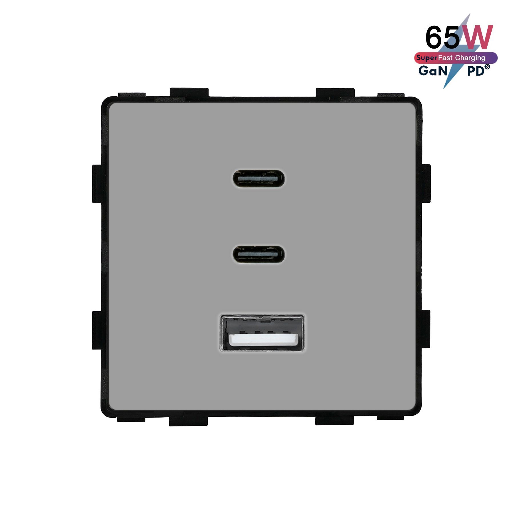 Купить Механизм розетки (без рамки) 3Usb C+C+A, быстрая зарядка 65Вт, цвет серый в интернет-магазине Mvava.ru