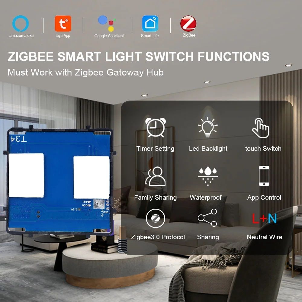 Выключатель ZigBee scale с нулем, 3 клавиши, PC рамка 86х86мм цвет черный MVAVA