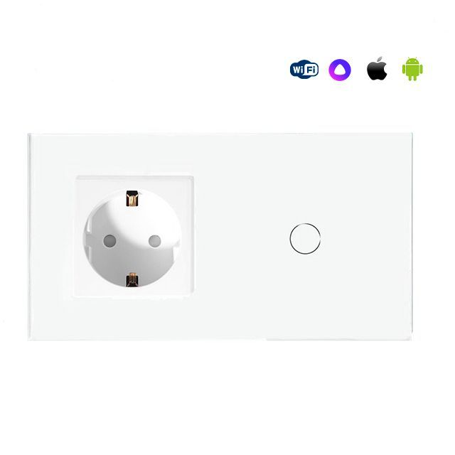 Купить Сенсорный выключатель WiFi 1 розетка 1 клавиша 2 поста (1EU+1G) стекло 157х86мм цвет белый в интернет-магазине Mvava.ru