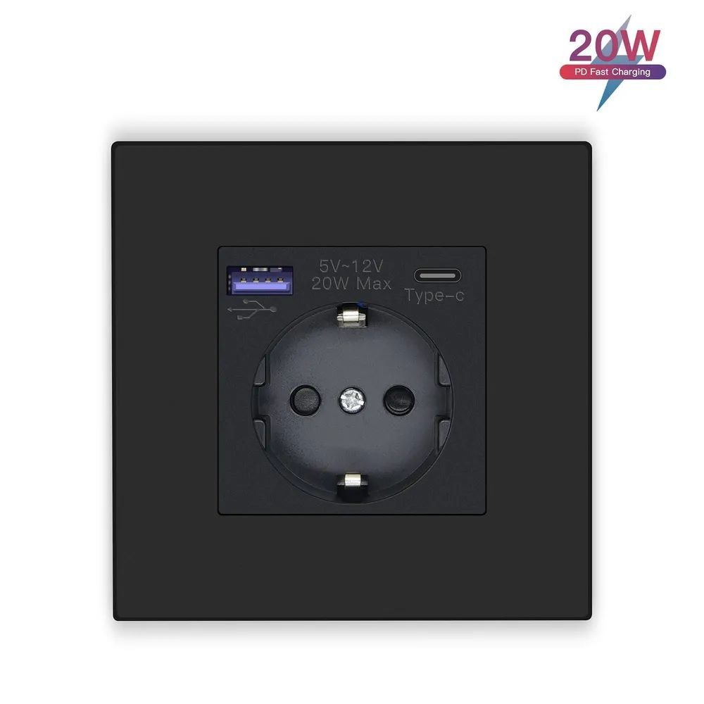 Купить Розетка электрическая 1 пост с Usb/Type-C АC, быстрая зарядка 20W, рамка пластик, цвет черный в интернет-магазине Mvava.ru