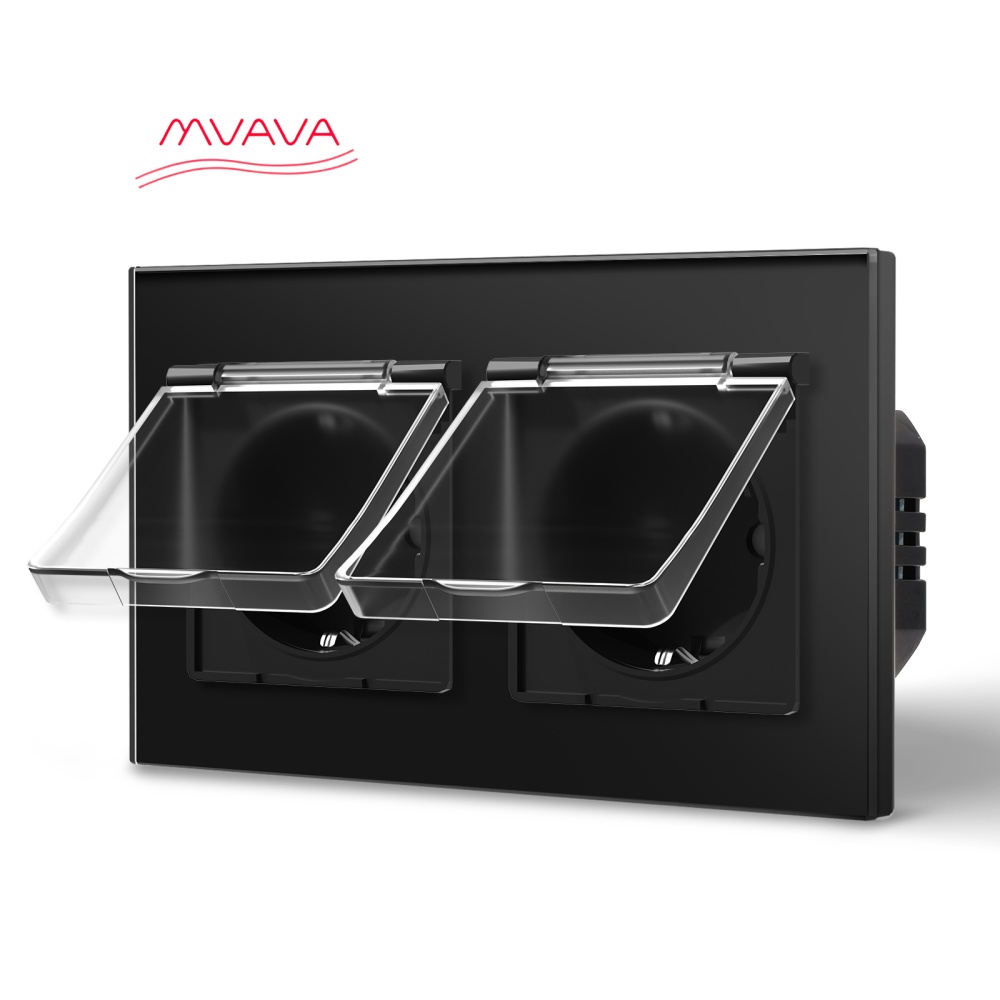 Купить Розетка влагозащищенная с крышкой, 2 поста, рамка 157х86 стекло, цвет черный в интернет-магазине Mvava.ru