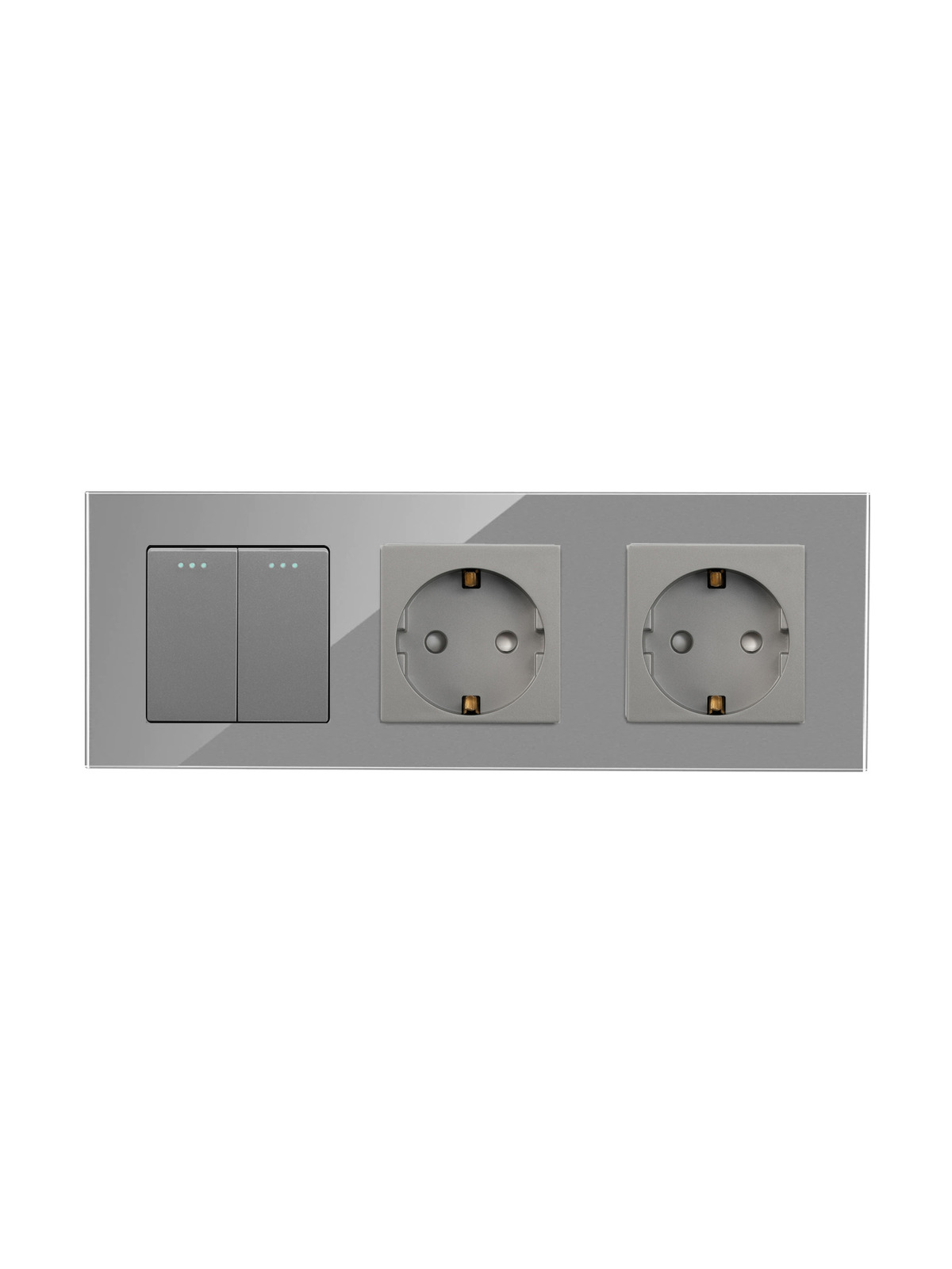 Купить Выключатель с розеткой, 2 клавиши 2 розетки, 3 поста (M2+2F) рамка стекло 228х86мм цвет серый в интернет-магазине Mvava.ru